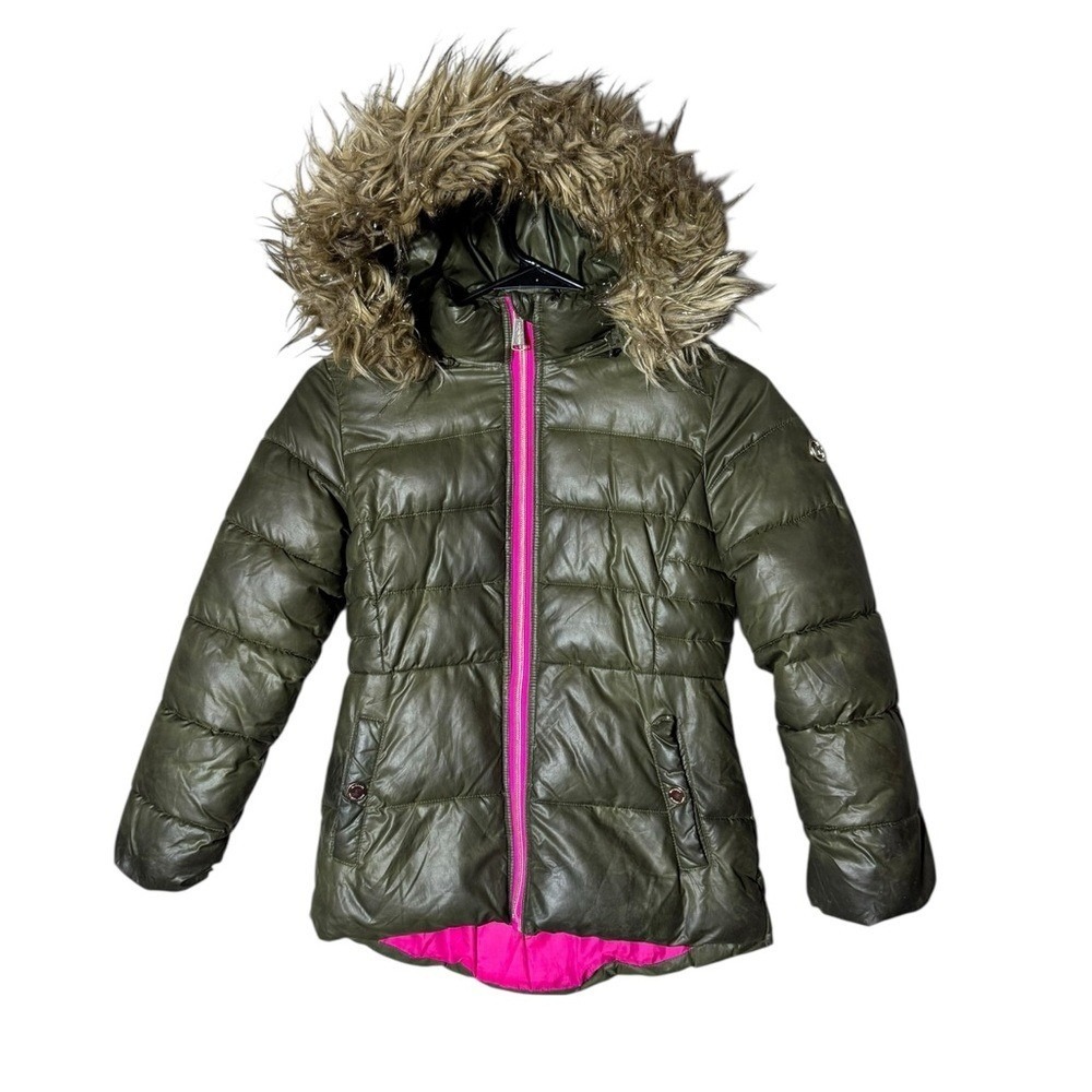 Michael Kors Girls Puffer Jacket‎ 8 Green Pink Zipper Faux Fur Hood Logo Gold
